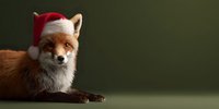 Red fox wearing Christmas Santa hat lying on green background, festive wildlife portrait with copy space for holiday greeting cards.