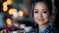 Elegant young woman with professional makeup and sparkling dress smiling at camera with warm bokeh lights in background for luxury lifestyle content.