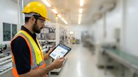 Male worker wearing yellow safety helmet and high-visibility vest using digital tablet in industrial factory setting for quality control and production monitoring.