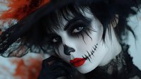 Young person with pale complexion and dark hair wearing gothic makeup with red lips and stitched mouth design, styled in alternative fashion aesthetic for horror, Halloween, or dark artistic themes.