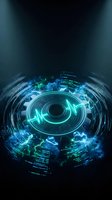 Futuristic digital eye with glowing blue and green holographic interface elements and data streams on dark background for technology concepts.