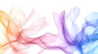 Ethereal flowing smoke in vibrant rainbow colors against white background, abstract fluid art with orange, pink, purple and blue translucent waves creating dynamic motion.