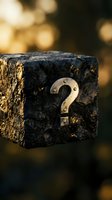 Weathered wooden cube with brass question mark symbol on textured surface with warm bokeh lights background creating mystery and curiosity atmosphere.
