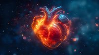 Glowing anatomical heart with fire and ice effects against dark cosmic background, combining red hot flames and blue frozen elements in artistic medical visualization.