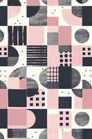 Modern geometric abstract pattern in pink, black and gray with circles, squares and lines on white background. Seamless repeat design for fabric and wallpaper.