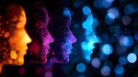 Glowing neon profiles of faces transitioning from warm orange to cool blue tones with bokeh effect background, showing transformation and diversity.