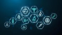 Medical healthcare technology concept with glowing hexagonal icons including heart, brain, DNA, microscope and syringe on dark blue background.