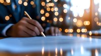 Professional signing document at desk with golden bokeh lights in background, creating atmospheric business environment for corporate and legal concepts.