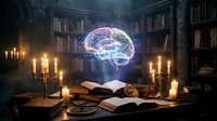 Glowing holographic brain floating above open books in dark gothic library with candles, representing knowledge, learning, artificial intelligence and education.