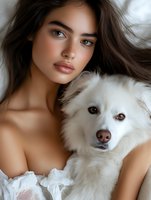 Young Mediterranean woman with natural makeup and flowing dark hair poses with white Samoyed dog, wearing delicate white lace top. Soft portrait lighting creates intimate mood.