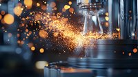 Dramatic industrial sparks flying from metalworking machinery in manufacturing facility with glowing orange bokeh lights creating atmospheric mood. Perfect for industry themes.