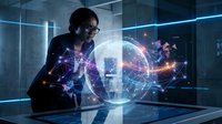 African American businesswoman analyzing holographic data visualization in futuristic office environment with digital interface technology.