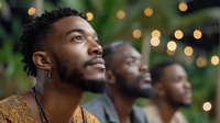 Young African American man with beard looking up thoughtfully at outdoor evening gathering with warm bokeh lights and friends in background.