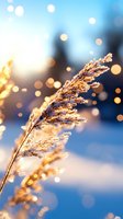 Frost-covered wild grass backlit by golden morning sunlight creates magical winter bokeh effect against blue sky background. Dreamy seasonal nature macro photography.