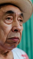 Senior man wearing cowboy hat with concerned expression against turquoise background, suitable for editorial, healthcare, emotion, and lifestyle content.