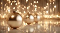 Gold Christmas ornaments on reflective surface with warm bokeh lights creating festive holiday atmosphere.