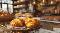 Fresh baked golden croissants on glass cake stand in cozy bakery interior with warm lighting and blurred background of pastry display counter.