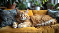 Ginger long-haired cat relaxing on yellow couch with grey pillows in cozy home interior. Natural window lighting creates warm atmosphere for pet lifestyle photo.