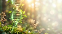 DNA double helix structure with green leaves and natural elements representing biotechnology, genetics research, and eco-friendly science innovation.
