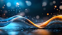 Abstract glowing blue and orange waves with light particles floating above reflective dark surface against bokeh background, modern dynamic design.