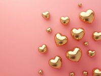 Golden metallic hearts scattered on pink background, romantic minimal composition for Valentine's Day cards, wedding invitations and love concepts.