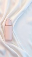 Pale pink cosmetic bottle with pump dispenser resting on flowing cream and white silk fabric, ideal for skincare, beauty product marketing, and cosmetics advertising campaigns.