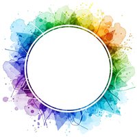Vibrant watercolor splash frame with rainbow colors surrounding white circle for creative design projects and artistic presentations.
