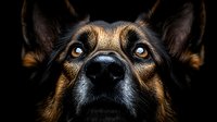 Close up portrait of German Shepherd dog with striking blue eyes against dark background, dramatic lighting highlighting facial features and intense gaze.