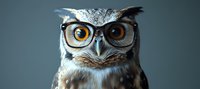 Wise owl wearing black rimmed glasses against dark background, close up portrait with amber eyes and detailed feathers. Concept of wisdom and education.