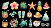 Watercolor summer beach clipart set isolated on transparent background, featuring tropical elements for stickers, t-shirt design, print on demand, and sublimation.