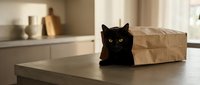Black cat peeking out from brown paper bag on kitchen counter. Curious feline with green eyes exploring cardboard box indoors.
