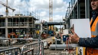 Male construction worker in safety vest and hard hat holding blank clipboard on active building site with cranes and equipment.