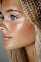 Close-up profile portrait of young woman with natural freckles, blue eyes, blonde hair and glowing skin showing natural beauty and minimal makeup look.