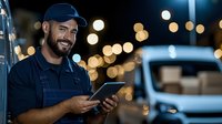 Hispanic delivery worker in blue uniform and cap smiling while using smartphone at night, with blurred bokeh lights and delivery van in background. Professional logistics service.