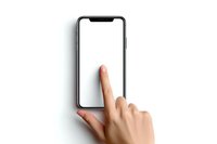 Modern smartphone with blank white screen and finger touching display for mobile app mockup and digital interface design presentations.