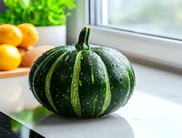 Fresh dark green kabocha squash with water droplets on windowsill, natural light, citrus fruits and herbs in background, minimalist kitchen setting.