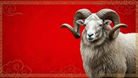 White ram with curved horns on red background with golden ornamental border for Chinese New Year celebration and zodiac design.