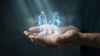 Protective hands holding glowing holographic family silhouettes representing life insurance, healthcare coverage, and financial security planning concept.