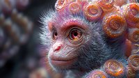 Surreal artistic portrait combining primate features with vibrant coral elements in pink and orange tones, creating mysterious underwater atmosphere with macro details.