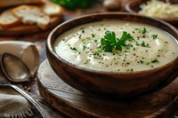 Creamy potato leek soup garnished with fresh parsley and black pepper in rustic wooden bowl, served with crusty bread on linen tablecloth. Homestyle comfort food.