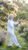 Senior Caucasian woman practicing tai chi in blooming garden during golden hour sunset. Peaceful meditation and wellness lifestyle for active aging.
