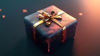 Elegant gift box wrapped in cosmic-themed paper with gold ribbon and bow against dark background with bokeh light effects.