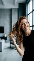 Happy young Caucasian woman with curly brown hair smiling in modern loft apartment with large windows. Natural light portrait for lifestyle and wellness content.