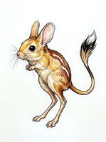 Whimsical illustrated mouse with long ears and feathered tail, isolated on white background. Suitable for children's books, educational materials, and design projects.