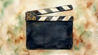 Vintage film clapperboard with worn black and white striped top on distressed watercolor background, used for movie production, filmmaking, and cinema projects.