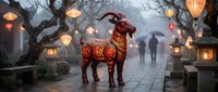 Ornate red dragon sculpture with intricate patterns stands on stone pathway illuminated by glowing lanterns creating mystical atmospheric scene.