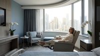 Relaxed businessman in modern hotel suite with city skyline view through large windows. Executive taking break in luxury accommodation during business trip.