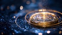 Magical golden ripples on dark water surface with glowing sparkles and bokeh lights creating mesmerizing spiral pattern in night atmosphere.