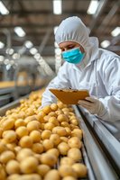 Quality control specialist in protective workwear inspecting fresh potatoes on industrial conveyor belt, maintaining food safety standards in processing facility.