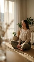 Young woman meditating in peaceful morning sunlight at home with plants and soft natural lighting creating serene wellness atmosphere.